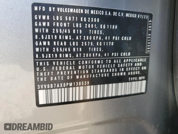 2023 Volkswagen Tiguan SE R-Line Black with VIN 3VV8B7AX8PM138539, listed as a Copart auction lot 56258485 with 11,195 mi miles and Clean Title. Bid and sale history available at DreamBid. Image 13.