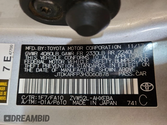 2017 Toyota Prius Plus with VIN JTDKARFP3H3060878, listed as a Copart auction lot 64452005 with 94,367 mi miles and Salvage title. Bid and sale history available at DreamBid. Image 13.