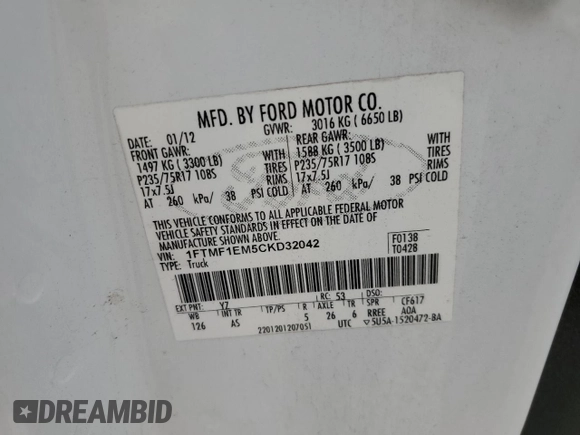 2012 Ford F-150 XL with VIN 1FTMF1EM5CKD32042, listed as a Copart auction lot 70772444 with 138,127 mi miles and Salvage title. Bid and sale history available at DreamBid. Image 12.