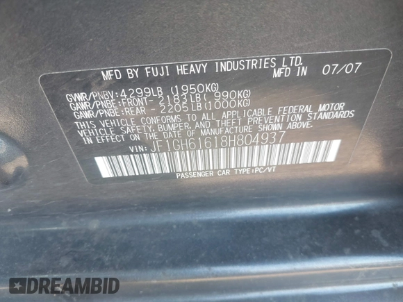 2008 Subaru Impreza Wagon (Natl) i with VIN JF1GH61618H804937, listed as a IAAI auction lot 41688838 with 183,829 mi miles. Bid and sale history available at carsss.com. Image 9.