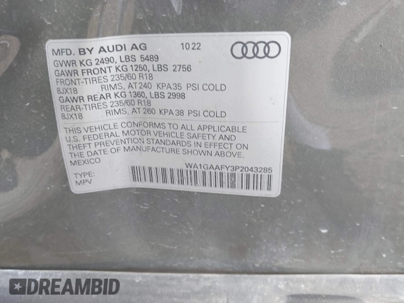 2023 Audi Q5 S line Premium with VIN WA1GAAFY3P2043285, listed as a IAAI auction lot 42414217 with 41,394 mi miles and . Bid and sale history available at DreamBid. Image 9.