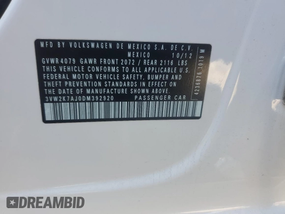 2013 Volkswagen Jetta S with VIN 3VW2K7AJ0DM392920, listed as a Copart auction lot 63682615 with 184,702 mi miles and Salvage title. Bid and sale history available at DreamBid. Image 13.