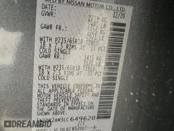 2020 Nissan Pathfinder S with VIN 5N1DR2AM3LC649620, listed as a Copart auction lot 55739635 with Not provided miles and Salvage title. Bid and sale history available at DreamBid. Image 13.
