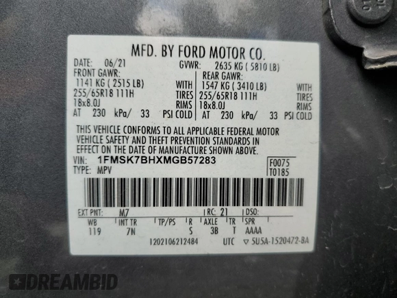 2021 Ford Explorer z VIN 1FMSK7BHXMGB57283, wystawiony jako Copart lot #63224585 z przebiegiem 45 690 mil mil oraz Nie do naprawy • Non repairable. Historia ofert i sprzedaży dostępna na DreamBid. Obrazek 13.