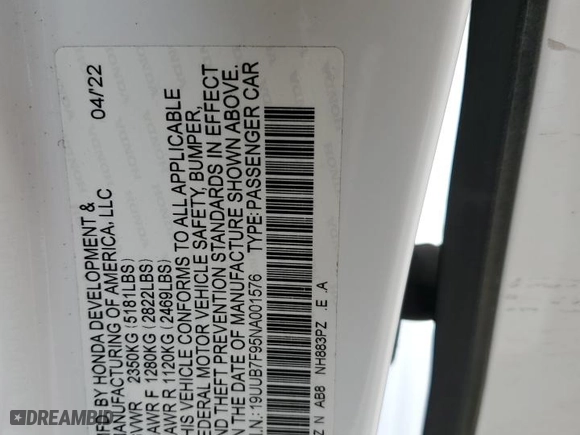 2022 Acura TLX Type S w/Performance Tire with VIN 19UUB7F95NA001576, listed as a Copart auction lot 47539435 with 0 mi miles and Salvage Title. Bid and sale history available at carsss.com. Image 12.