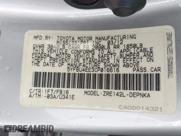 2012 Toyota Corolla L with VIN 5YFBU4EE3CP016616, listed as a IAAI auction lot 41964818 with 138,238 mi miles. Bid and sale history available at carsss.com. Image 9.