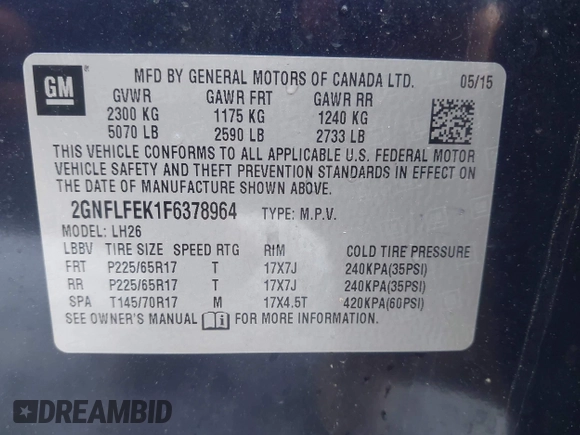 2015 Chevrolet Equinox LT z VIN 2GNFLFEK1F6378964, wystawiony jako IAAI lot #42263611 z przebiegiem 99 500 mil mil oraz . Historia ofert i sprzedaży dostępna na DreamBid. Obrazek 9.