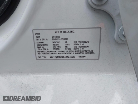2024 Tesla Model Y Performance with VIN 7SAYGDEF4RA278532, listed as a IAAI auction lot 41511769 with 9,487 mi miles and . Bid and sale history available at DreamBid. Image 9.