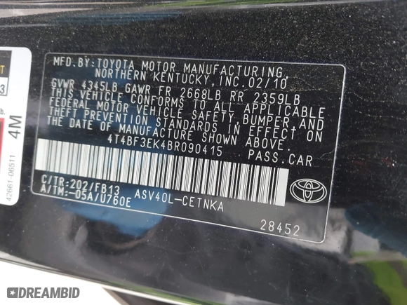 2011 Toyota Camry LE with VIN 4T4BF3EK4BR090415, listed as a IAAI auction lot 41749603 with 190,698 mi miles. Bid and sale history available at carsss.com. Image 9.