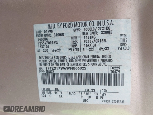 1998 Ford F-150 с VIN 1FTZX17W6WNB66022, выставлен на аукционе IAAI как лот 41890478 с пробегом 245 651 миль миль и . История ставок и продаж доступна на DreamBid. Изображение 9.
