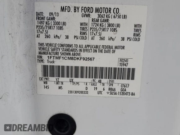 2013 Ford F-150 XL with VIN 1FTMF1CM8DKF92567, listed as a Copart auction lot 59965535 with 133,266 mi miles and Salvage title. Bid and sale history available at DreamBid. Image 12.