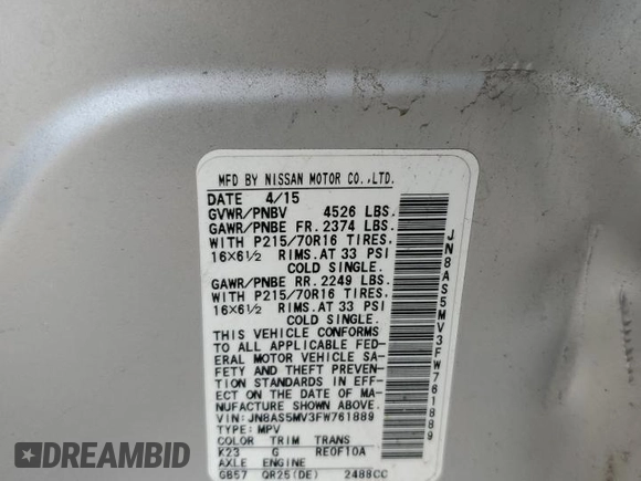 2015 Nissan Rogue S with VIN JN8AS5MV3FW761889, listed as a Copart auction lot 52535885 with 161,734 mi miles and Salvage Title. Bid and sale history available at DreamBid. Image 14.
