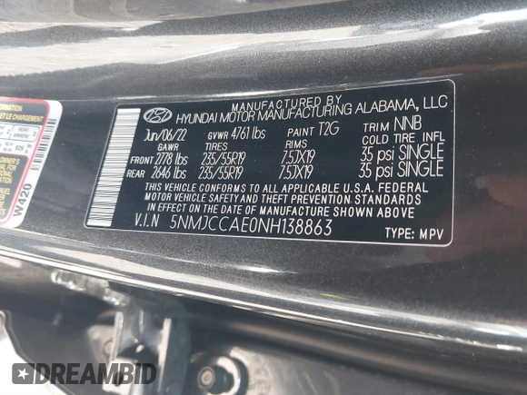 2022 Hyundai Tucson SEL with VIN 5NMJCCAE0NH138863, listed as a IAAI auction lot 41888998 with 28,734 mi miles. Bid and sale history available at carsss.com. Image 9.