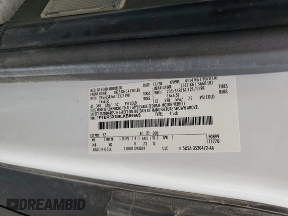 2020 Ford Transit with VIN 1FTBR3XG9LKB65668, listed as a Copart auction lot 66873334 with Not Provided miles and Salvage Title. Bid and sale history available at DreamBid. Image 28.