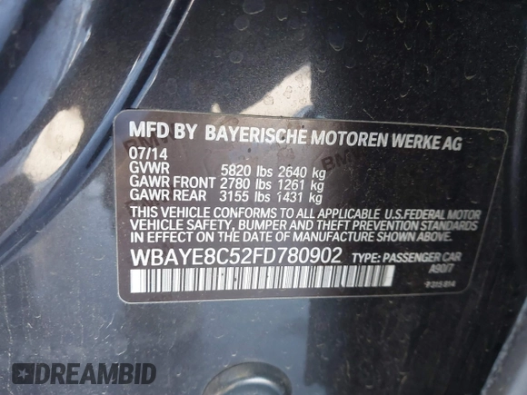 2015 BMW 7 Series 750Li with VIN WBAYE8C52FD780902, listed as a IAAI auction lot 40808265 with 102,774 mi miles. Bid and sale history available at carsss.com. Image 9.