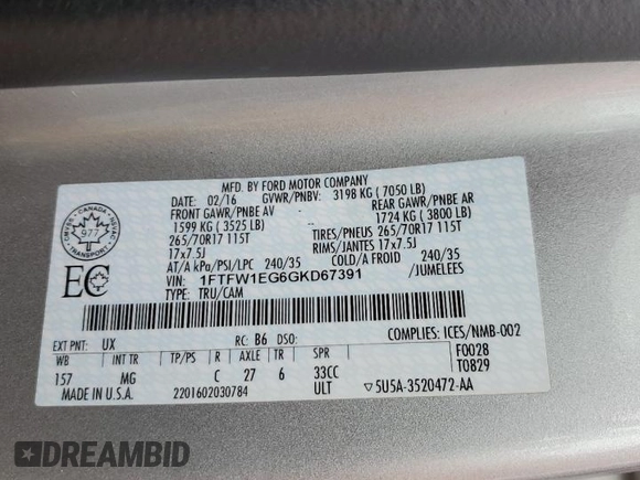 2016 Ford F-150 XLT with VIN 1FTFW1EG6GKD67391, listed as a Copart auction lot 64252135 with 37,278 mi miles and Salvage title. Bid and sale history available at DreamBid. Image 12.