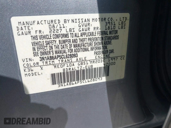 2012 Nissan Sentra SR with VIN 3N1AB6AP5CL628093, listed as a IAAI auction lot 41804109 with 139,290 mi miles and . Bid and sale history available at DreamBid. Image 9.