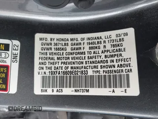 2009 Honda Civic LX-S z VIN 19XFA16609E021833, wystawiony jako IAAI lot #41613501 z przebiegiem 175 714 mil mil oraz . Historia ofert i sprzedaży dostępna na DreamBid. Obrazek 9.