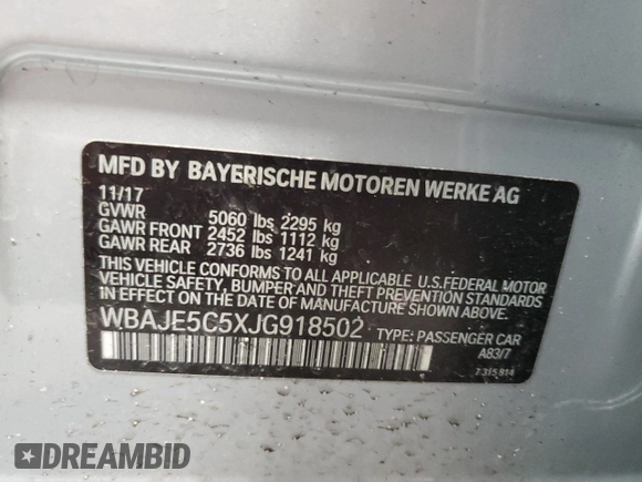 2018 BMW 5 Series 540i with VIN WBAJE5C5XJG918502, listed as a Copart auction lot 44766125 with 41,805 mi miles and Salvage title. Bid and sale history available at DreamBid. Image 14.