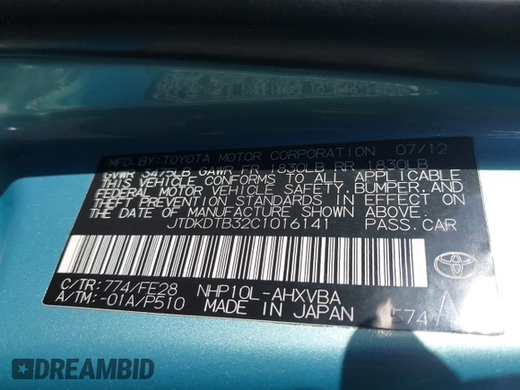 2012 Toyota Prius One with VIN JTDKDTB32C1016141, listed as a IAAI auction lot 41777932 with 231,165 mi miles and . Bid and sale history available at DreamBid. Image 9.