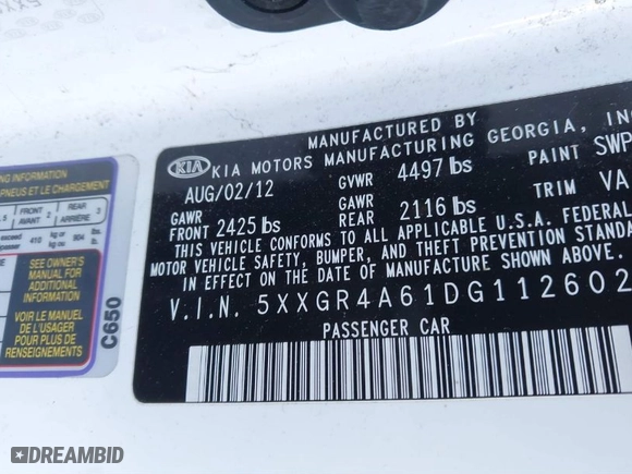 2013 Kia Optima SX w/Limited Pkg with VIN 5XXGR4A61DG112602, listed as a IAAI auction lot 41847204 with 197,828 mi miles. Bid and sale history available at carsss.com. Image 9.