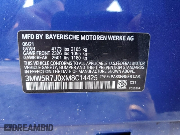 2021 BMW 3 Series 330i xDrive with VIN 3MW5R7J0XM8C14425, listed as a Copart auction lot 72910854 with 9,465 mi miles and Salvage Title. Bid and sale history available at DreamBid. Image 14.