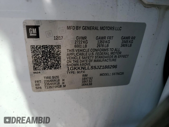 2018 GMC Acadia SLE with VIN 1GKKNLLS5JZ188296, listed as a Copart auction lot 48976555 with 113,378 mi miles and Salvage Title. Bid and sale history available at DreamBid. Image 13.