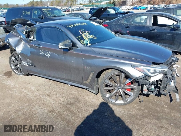 2018 Infiniti Q60 Red Sport 400 with VIN JN1FV7EL5JM630195, listed as a IAAI auction lot 41687628 with 55,168 mi miles and . Bid and sale history available at DreamBid. Image 1.