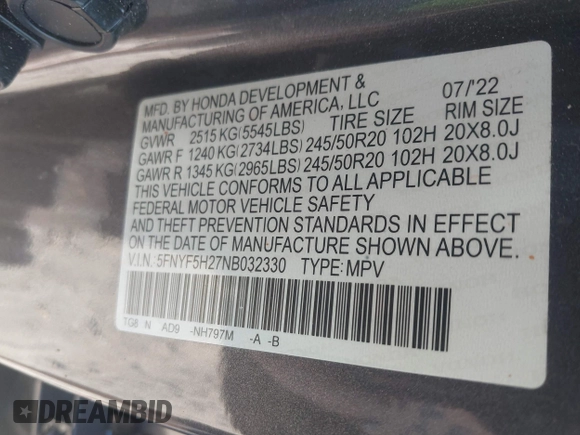 2022 Honda Pilot Special Edition with VIN 5FNYF5H27NB032330, listed as a IAAI auction lot 41522565 with Not Provided miles and . Bid and sale history available at carsss.com. Image 9.