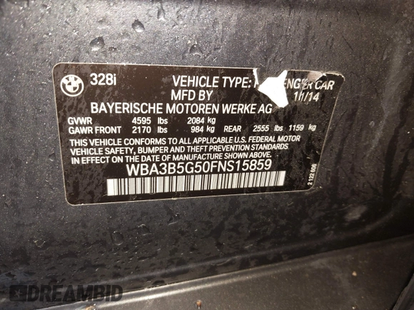 2015 BMW 3 Series 328i xDrive with VIN WBA3B5G50FNS15859, listed as a IAAI auction lot 41999035 with 87,560 mi miles. Bid and sale history available at carsss.com. Image 9.