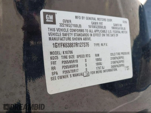 2007 Cadillac Escalade z VIN 1GYFK63887R127376, wystawiony jako IAAI lot #42150261 z przebiegiem 165 849 mil mil oraz . Historia ofert i sprzedaży dostępna na DreamBid. Obrazek 8.