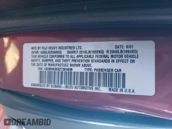 2002 Subaru Legacy L with VIN 4S3BH635X27304636, listed as a Copart auction lot 77674424 with 159,785 mi miles and Salvage title. Bid and sale history available at DreamBid. Image 13.