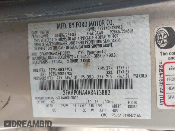 2010 Ford Fusion SE with VIN 3FAHP0HA4AR413882, listed as a IAAI auction lot 42447529 with 81,100 mi miles and . Bid and sale history available at DreamBid. Image 9.