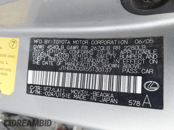 2005 Lexus ES 350 z VIN JTHBA30GX55130137, wystawiony jako IAAI lot #42461283 z przebiegiem 241 732 mil mil oraz . Historia ofert i sprzedaży dostępna na DreamBid. Obrazek 9.