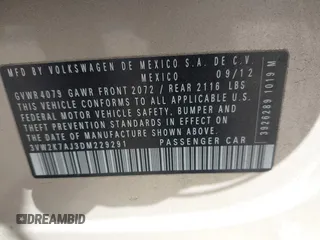 2013 Volkswagen Jetta Sedan S with VIN 3VW2K7AJ3DM229291, listed as a IAAI auction lot 42111542 with 167,952 mi miles. Bid and sale history available at carsss.com. Image 9.