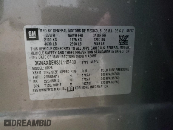 2018 Chevrolet Equinox LT with VIN 3GNAXSEV3JL115400, listed as a Copart auction lot 50221625 with 107,210 mi miles and Clean Title. Bid and sale history available at DreamBid. Image 13.