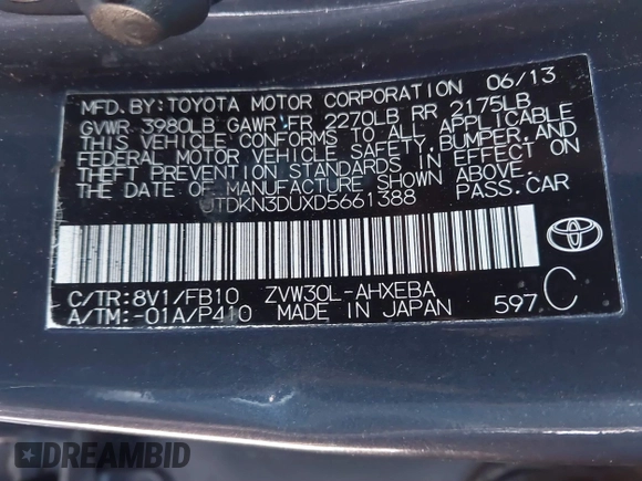 2013 Toyota Prius One with VIN JTDKN3DUXD5661388, listed as a IAAI auction lot 41207260 with 250,530 mi miles and . Bid and sale history available at DreamBid. Image 9.