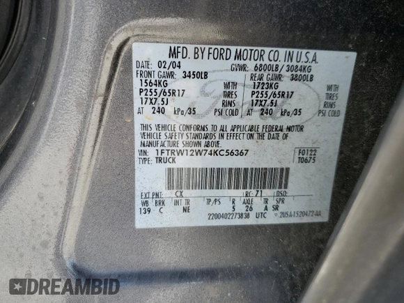 2004 Ford F-150 XLT with VIN 1FTRW12W74KC56367, listed as a Copart auction lot 51893625 with 103,312 mi miles and Salvage Title. Bid and sale history available at carsss.com. Image 12.