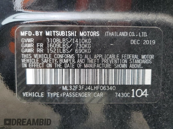 2020 Mitsubishi Mirage ES with VIN ML32F3FJ4LHF06340, listed as a Copart auction lot 60728815 with 52,985 mi miles and Salvage title. Bid and sale history available at DreamBid. Image 13.