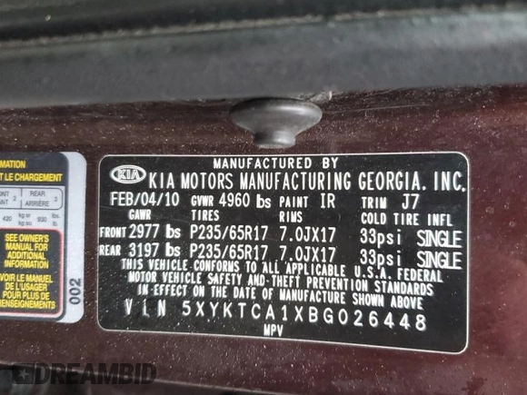2011 Kia Sorento LX with VIN 5XYKTCA1XBG026448, listed as a Copart auction lot 51687725 with 150,426 mi miles and Salvage Title. Bid and sale history available at carsss.com. Image 15.
