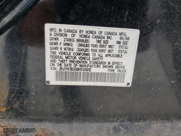 2008 Honda Ridgeline RTX with VIN 2HJYK16338H538912, listed as a Copart auction lot 45491675 with 201,270 mi miles and Clean Title. Bid and sale history available at carsss.com. Image 12.