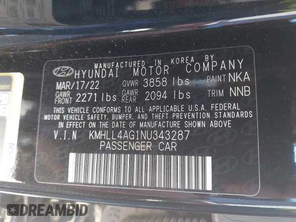 2022 Hyundai Elantra SE with VIN KMHLL4AG1NU343287, listed as a IAAI auction lot 39700530 with 37,492 mi miles and . Bid and sale history available at DreamBid. Image 9.