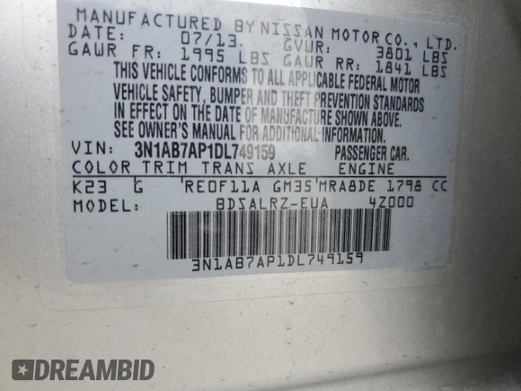 2013 Nissan Sentra SR with VIN 3N1AB7AP1DL749159, listed as a Copart auction lot 54309025 with 105,850 mi miles and Clean Title. Bid and sale history available at DreamBid. Image 12.