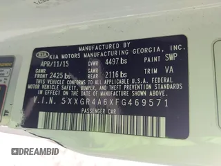 2015 Kia Optima SXL Turbo with VIN 5XXGR4A6XFG469571, listed as a IAAI auction lot 42484269 with 94,372 mi miles and . Bid and sale history available at DreamBid. Image 9.