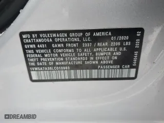 2020 Volkswagen Passat 2.0T SE with VIN 1VWSA7A35LC010983, listed as a Copart auction lot 39510503 with 51,914 mi miles. Bid and sale history available at carsss.com. Image 12.