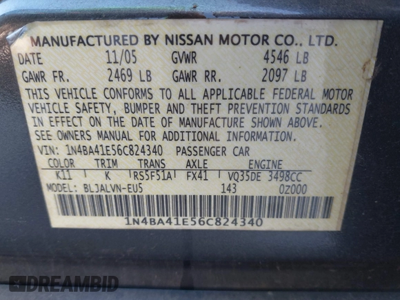 2006 Nissan Maxima 3.5 SL with VIN 1N4BA41E56C824340, listed as a IAAI auction lot 41425919 with 298,407 mi miles. Bid and sale history available at carsss.com. Image 9.