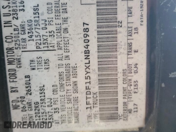 1990 Ford F-150 "S" with VIN 1FTDF15YXLNB40987, listed as a Copart auction lot 43691595 with 33,397 mi miles and Salvage Title. Bid and sale history available at carsss.com. Image 12.