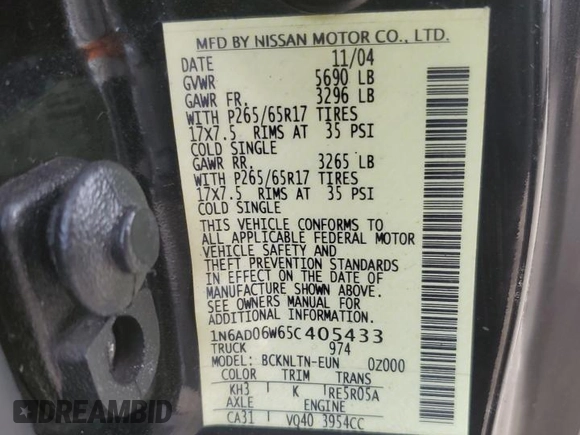 2005 Nissan Frontier LE with VIN 1N6AD06W65C405433, listed as a Copart auction lot 50360665 with 79,546 mi miles and Salvage title. Bid and sale history available at DreamBid. Image 12.