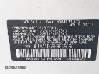 2017 Subaru WRX with VIN JF1VA1B69H9839698, listed as a IAAI auction lot 41820303 with 1 mi miles. Bid and sale history available at carsss.com. Image 9.