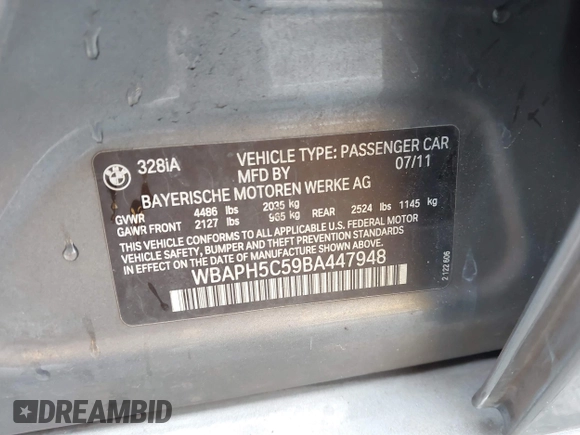 2011 BMW 3 Series 328i с VIN WBAPH5C59BA447948, выставлен на аукционе IAAI как лот 42791025 с пробегом 124 445 миль миль и . История ставок и продаж доступна на DreamBid. Изображение 9.